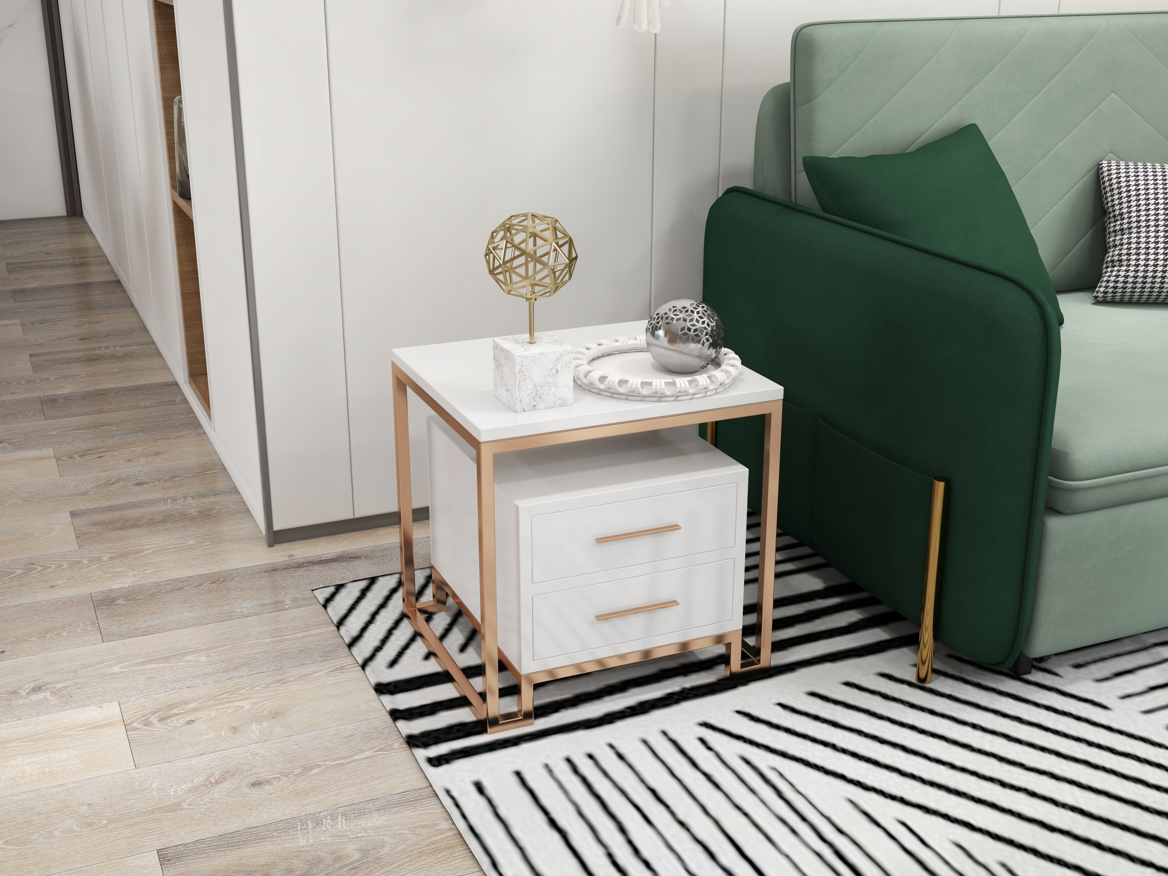 HMR - Side Table with Two-Drawer End Table Stainless Steel in Gold in White