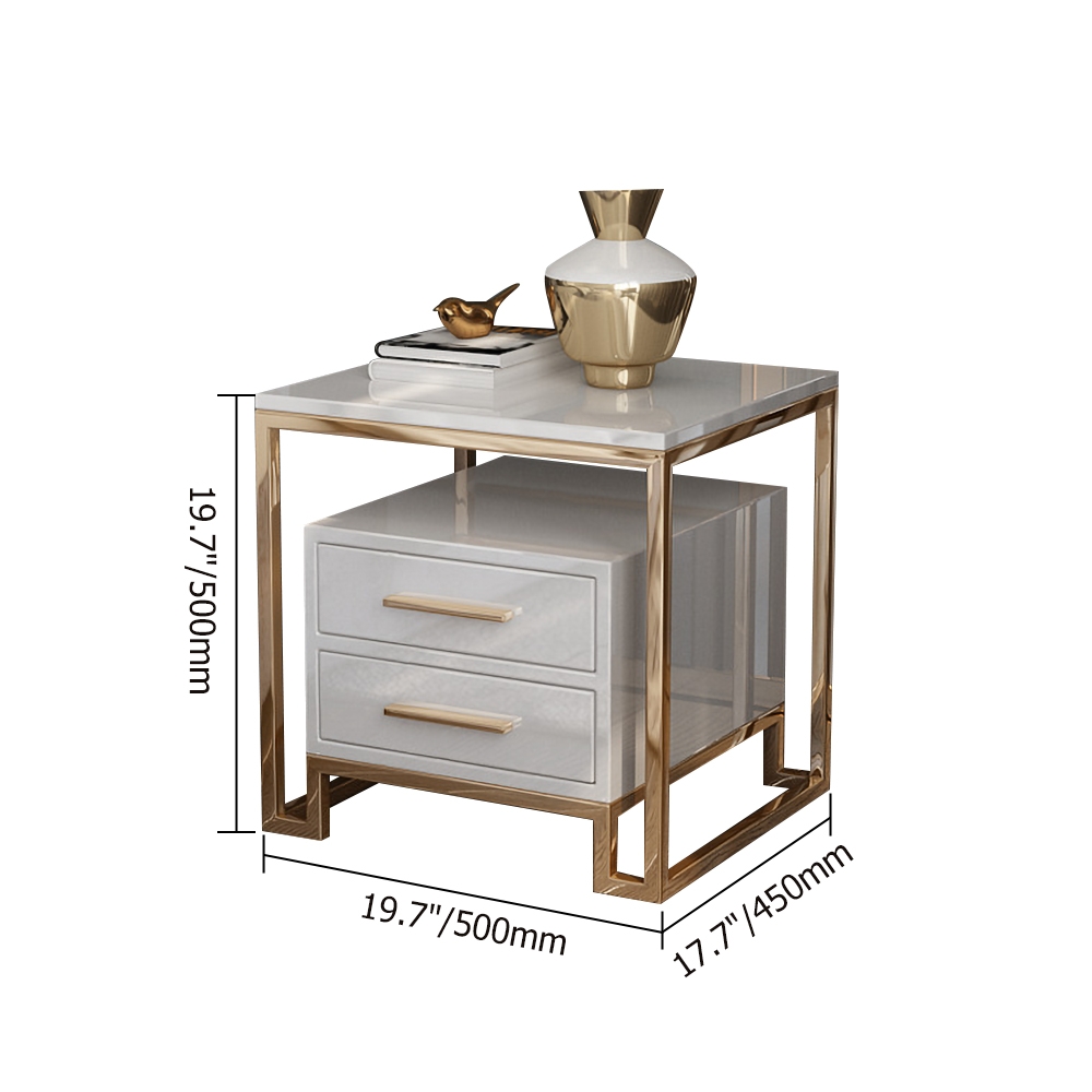 HMR - Side Table with Two-Drawer End Table Stainless Steel in Gold in White