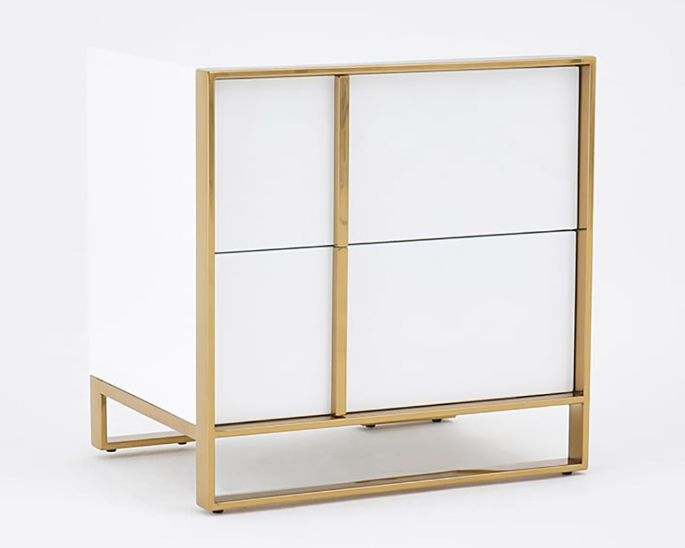 HMR Rimh Lacquer Nightstand with 2 Drawers - White, Stainless Steel
