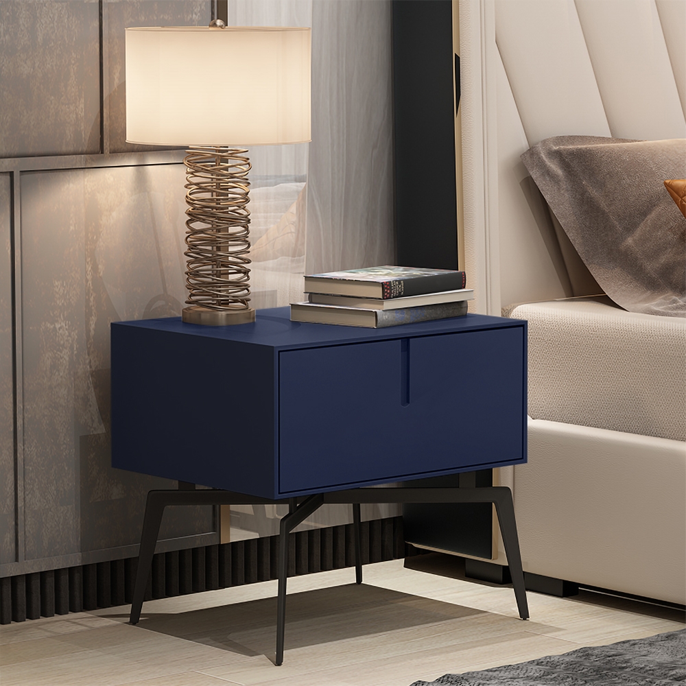 HMR - Modern Nightstand with Drawer and Metal Frame in Blue