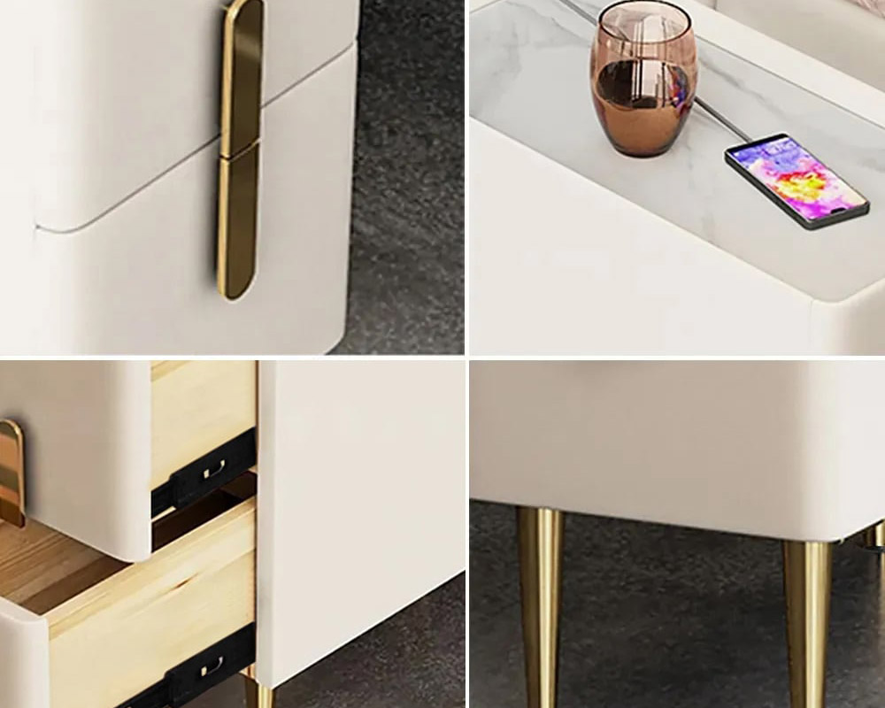 HMR - Inarrow Modern Nightstand Bedside Table with 2 Drawers in Gold Legs