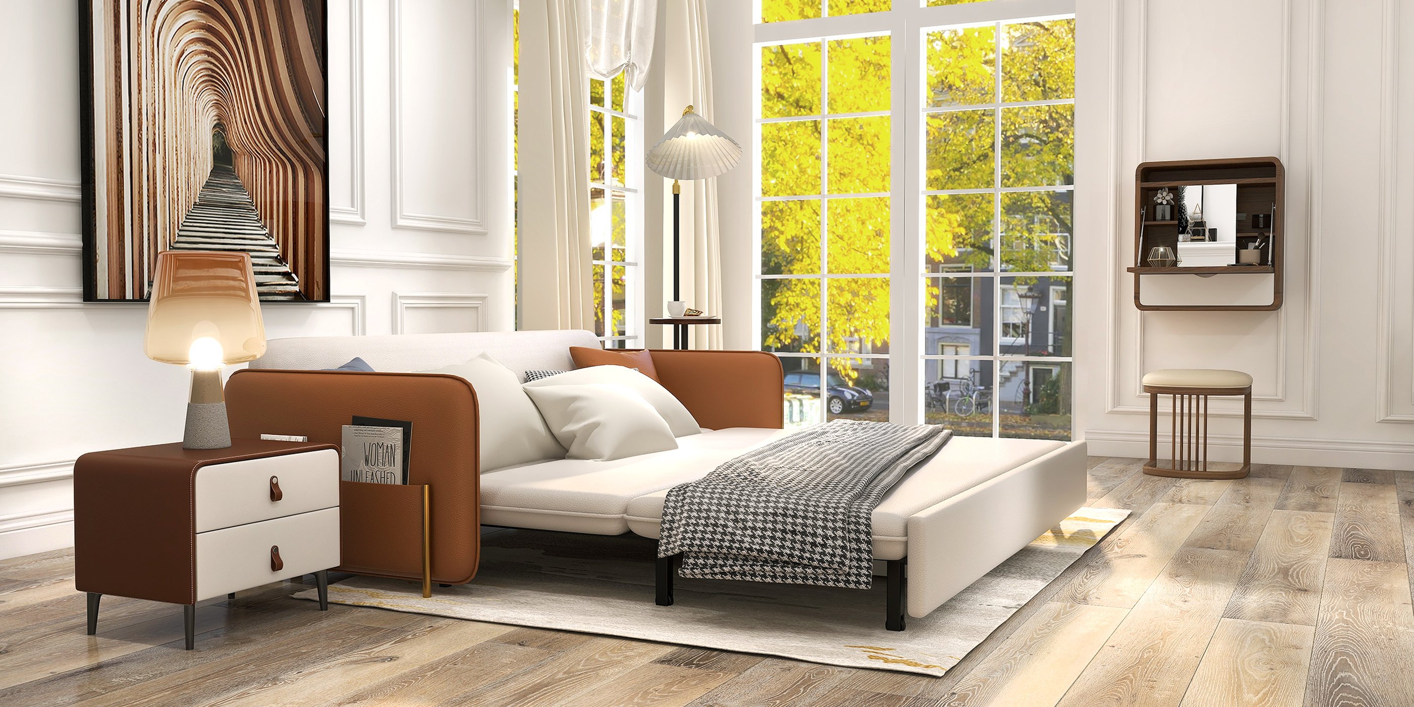 HMR - Modern Nightstand with Two-Tier Drawers and End Side Accent in White and Brown