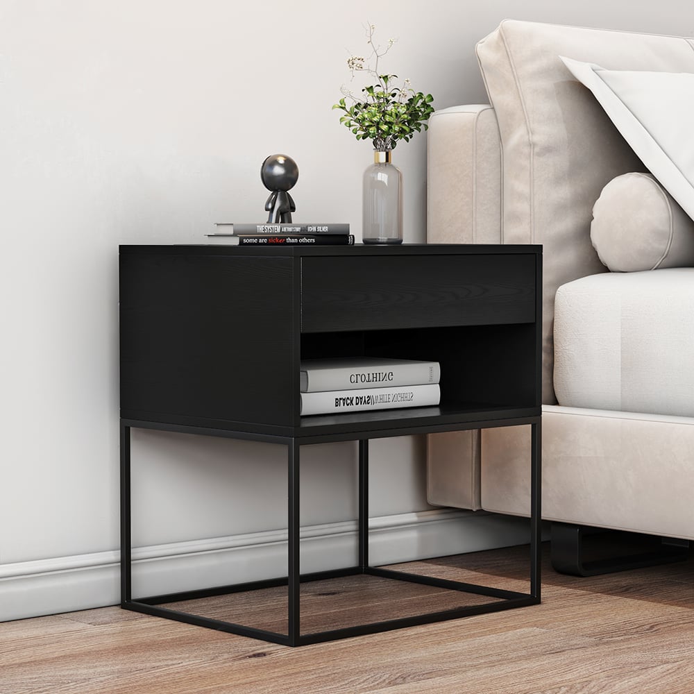 HMR - Modern Nightstand with Drawer Bedside Table Metal Base