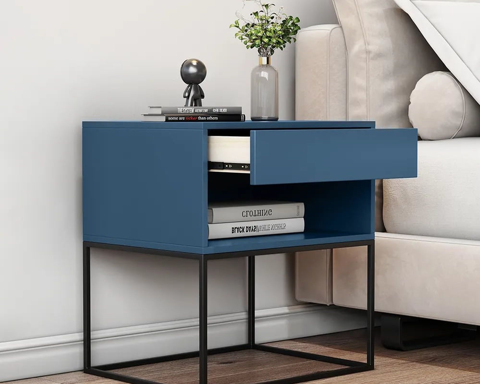 HMR Modern Nightstand with Drawer Bedside Table Metal Base - Blue