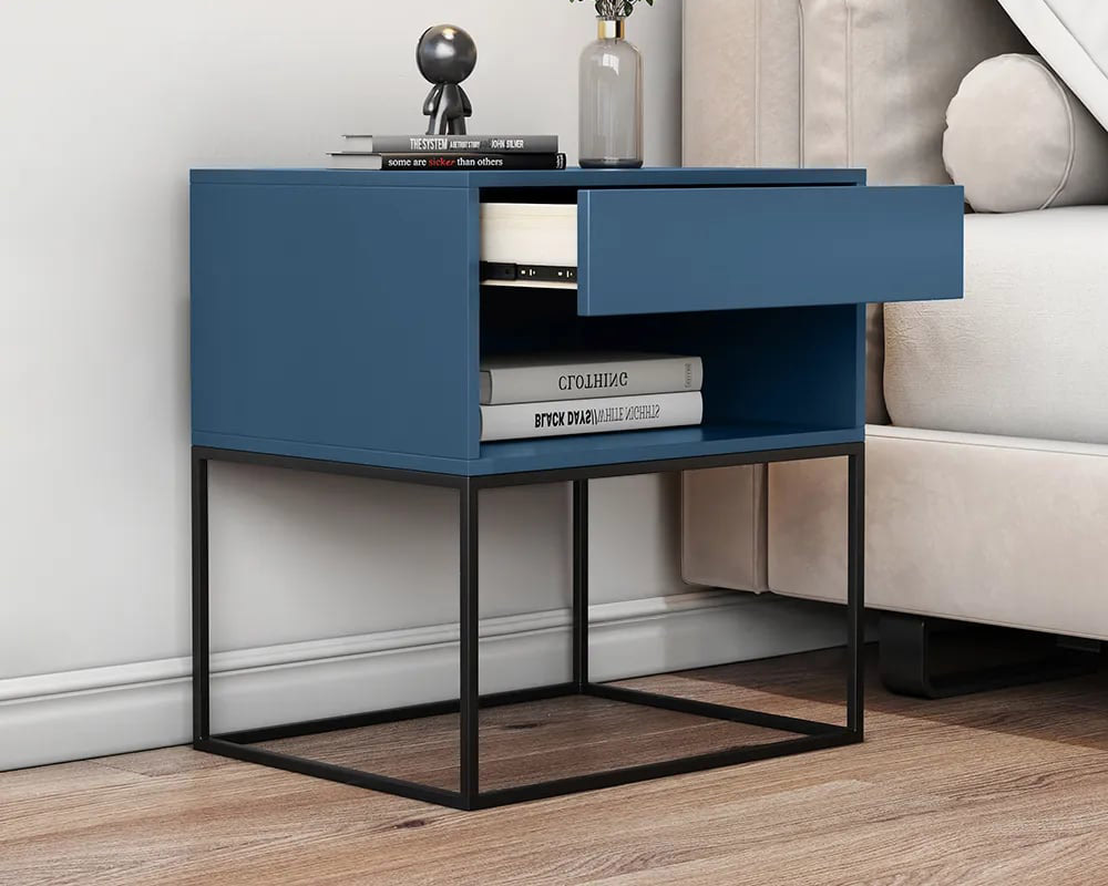 HMR Modern Nightstand with Drawer Bedside Table Metal Base - Blue