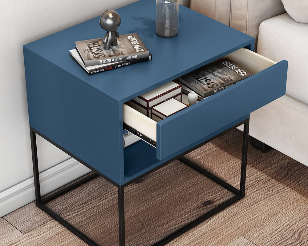 HMR Modern Nightstand with Drawer Bedside Table Metal Base - Blue