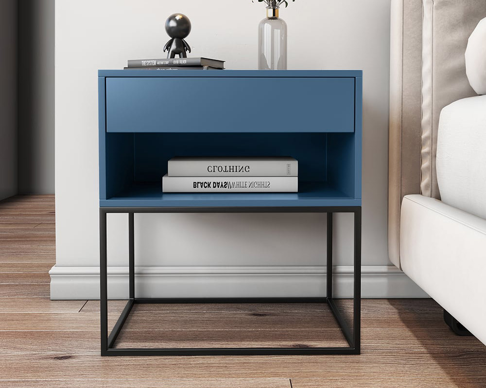 HMR Modern Nightstand with Drawer Bedside Table Metal Base - Blue