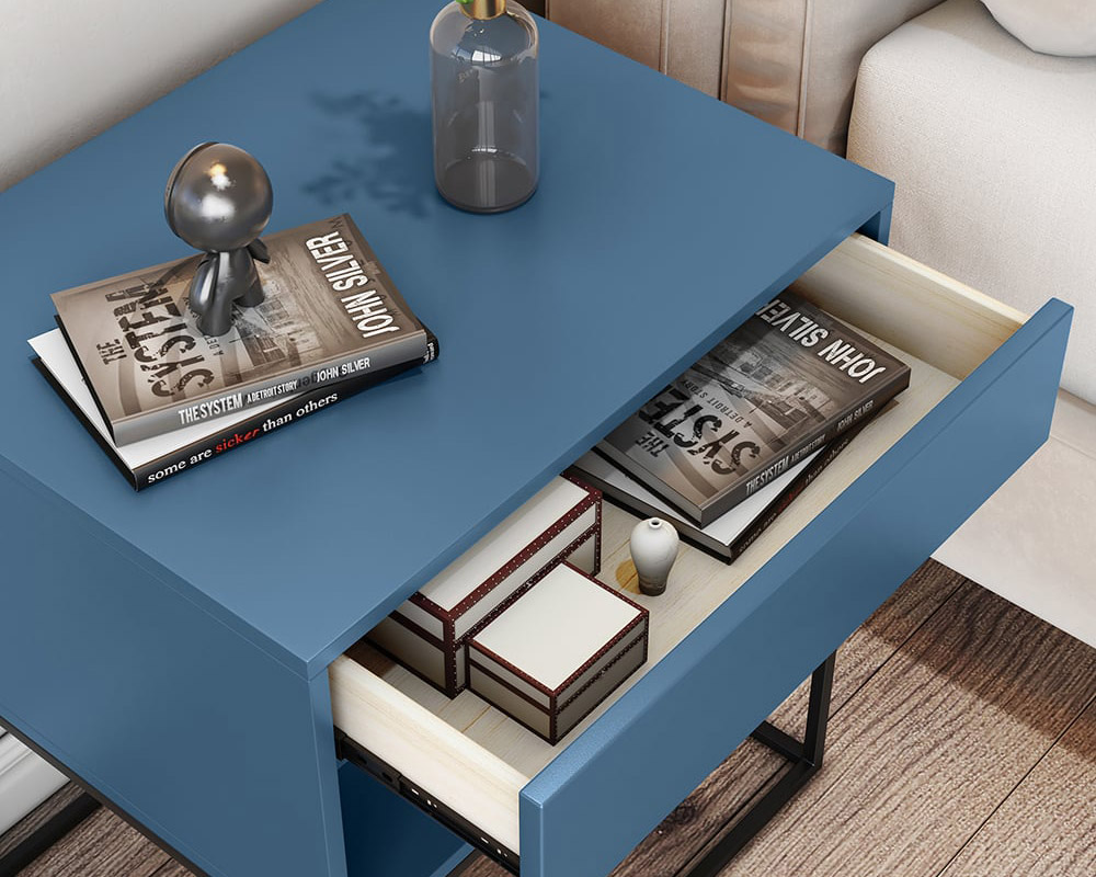 HMR Modern Nightstand with Drawer Bedside Table Metal Base - Blue