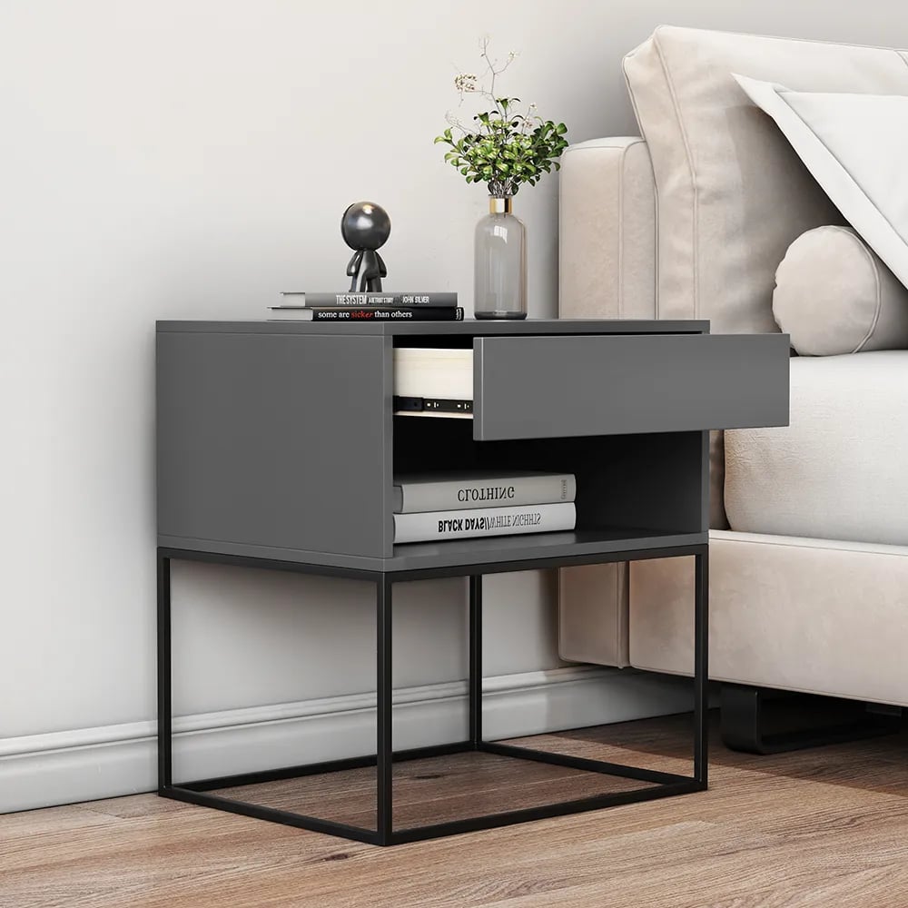 HMR Modern Nightstand with Drawer Bedside Table Metal Base - Gray