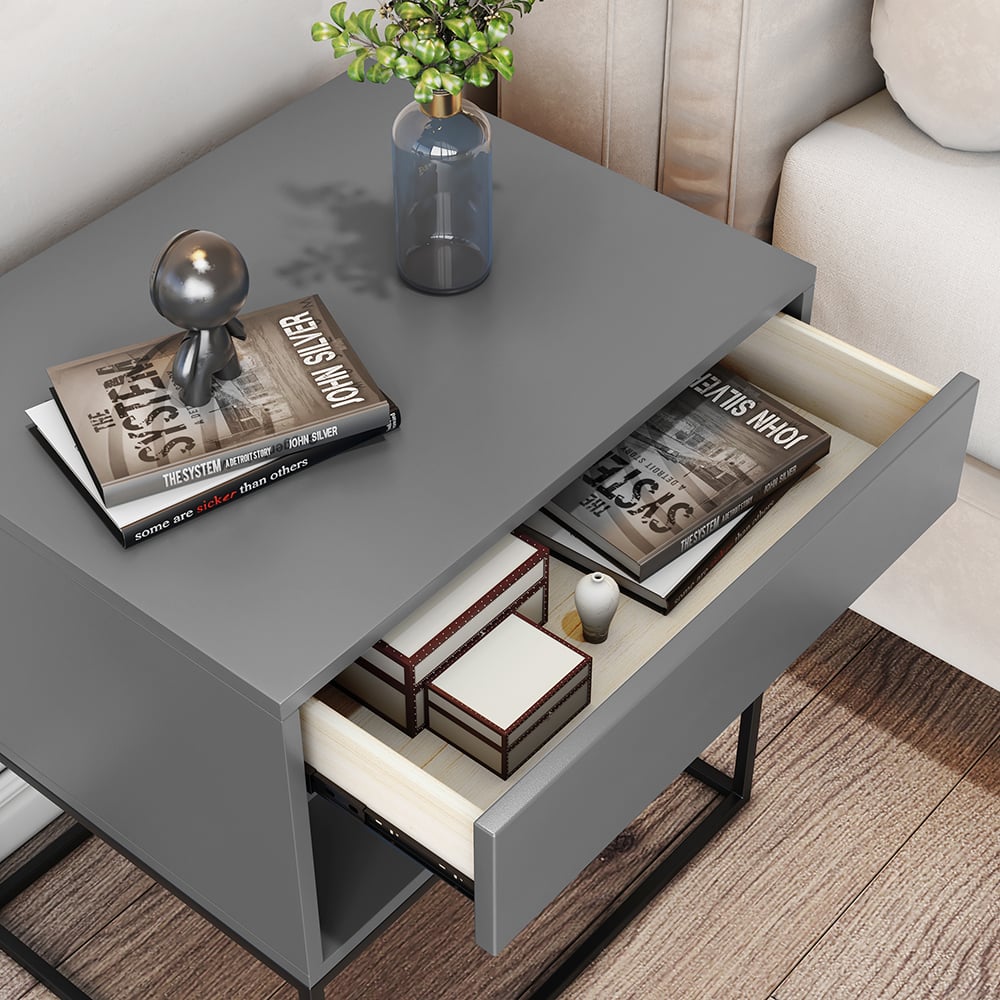 HMR Modern Nightstand with Drawer Bedside Table Metal Base - Gray