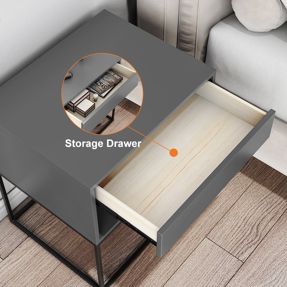 HMR Modern Nightstand with Drawer Bedside Table Metal Base - Gray