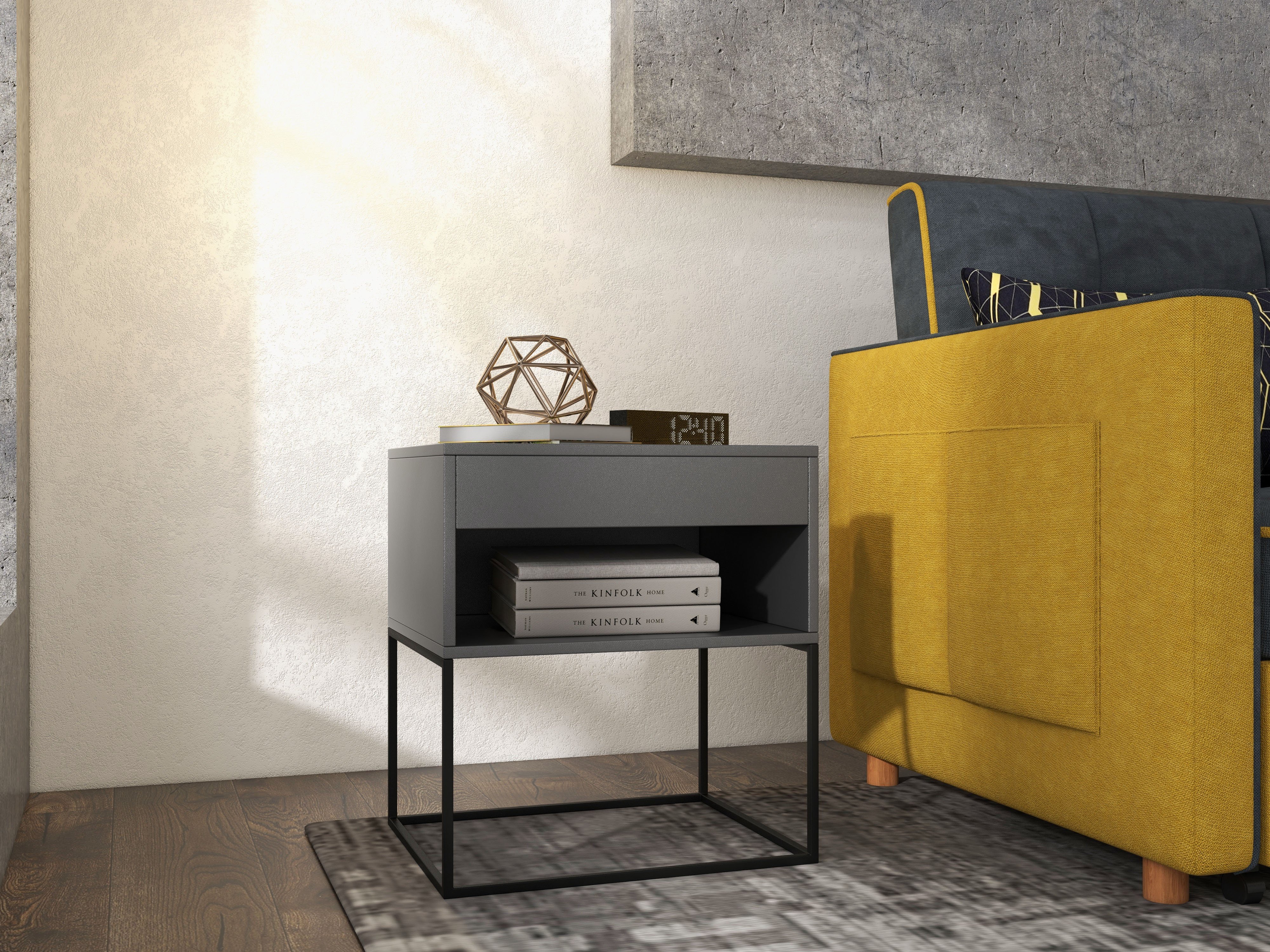 HMR Modern Nightstand with Drawer Bedside Table Metal Base - Gray