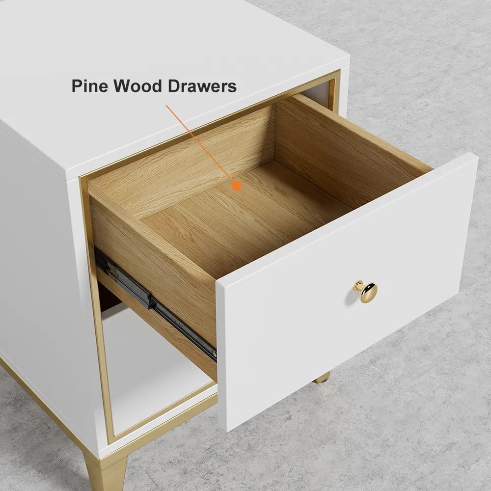 HMR - 2-Drawer Nightstand with Gold Legs in White