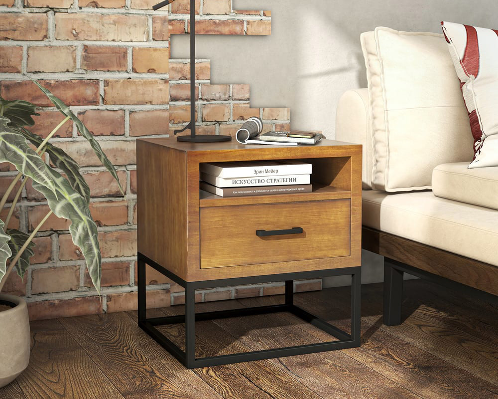 HMR - Industrial Pine Wood Nightstand with 1 Drawer in Walnut