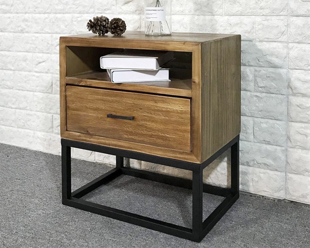 HMR - Industrial Pine Wood Nightstand with 1 Drawer in Walnut