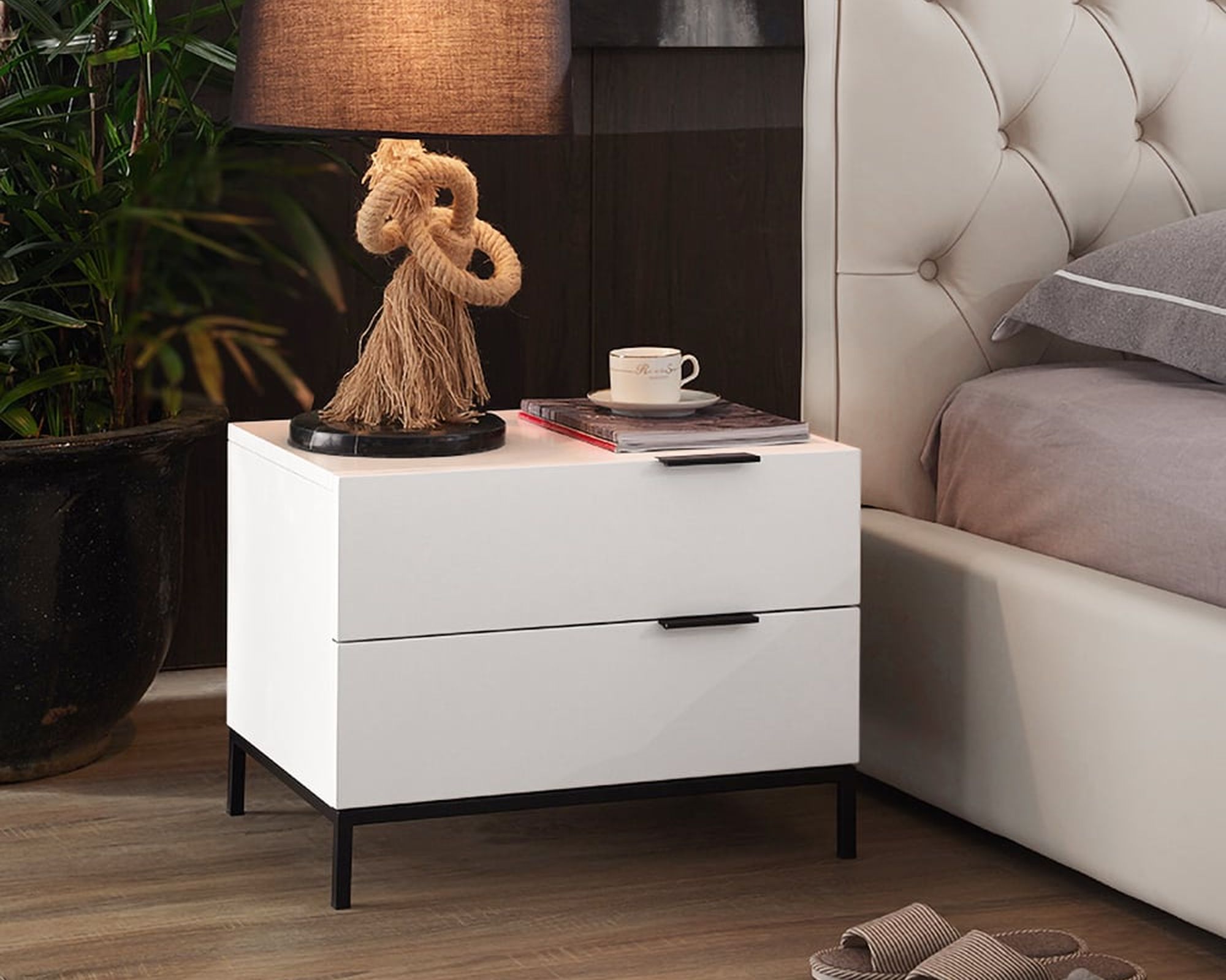 HMR - Minimalist Wooden Nightstand with 2 Drawers in White