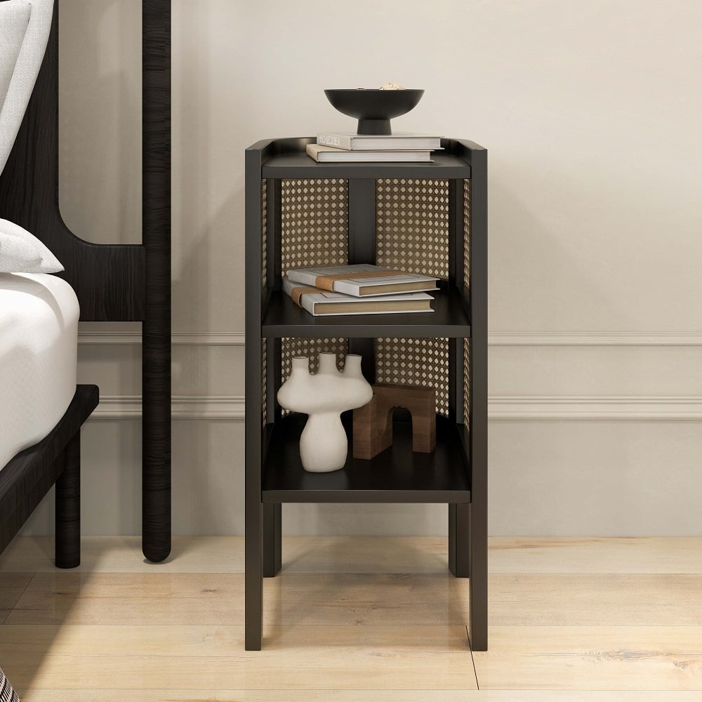 HMR Semi-Circle Nightstand with Open Shelves - Black, Wood/Rattan