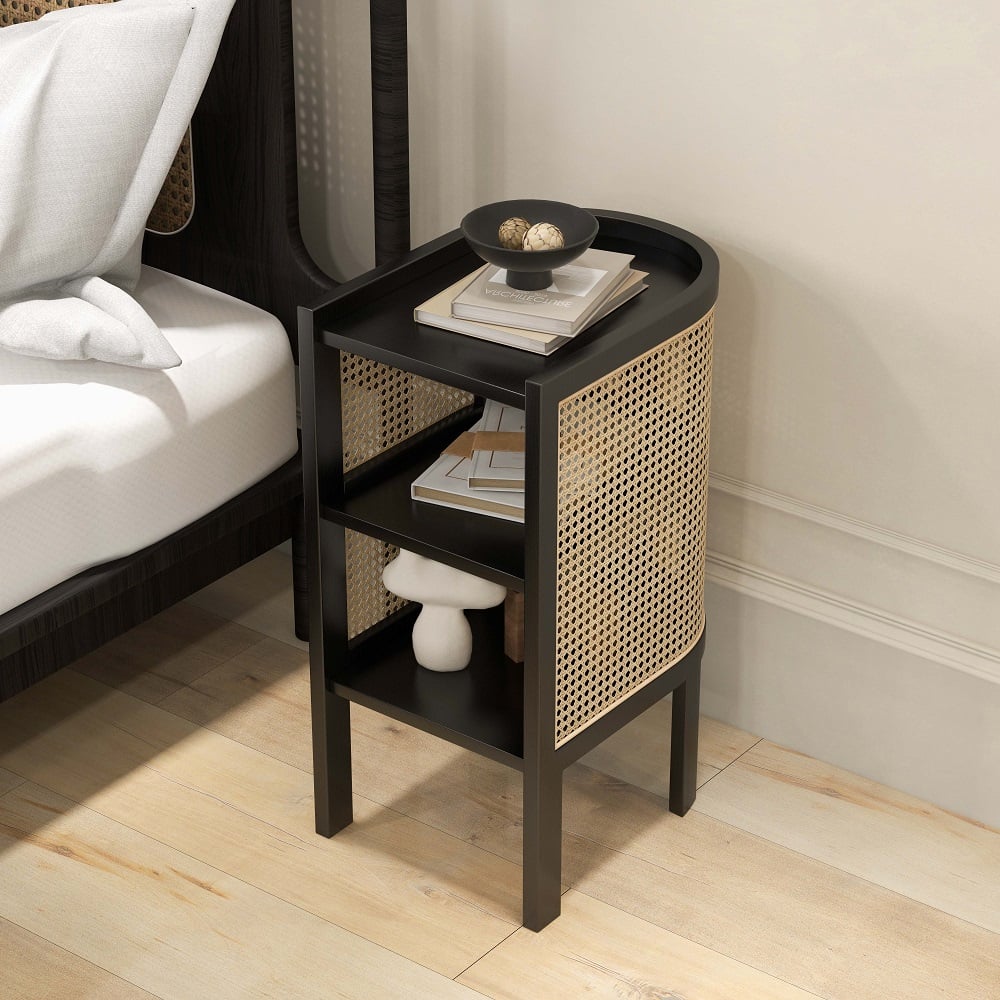 HMR Semi-Circle Nightstand with Open Shelves - Black, Wood/Rattan