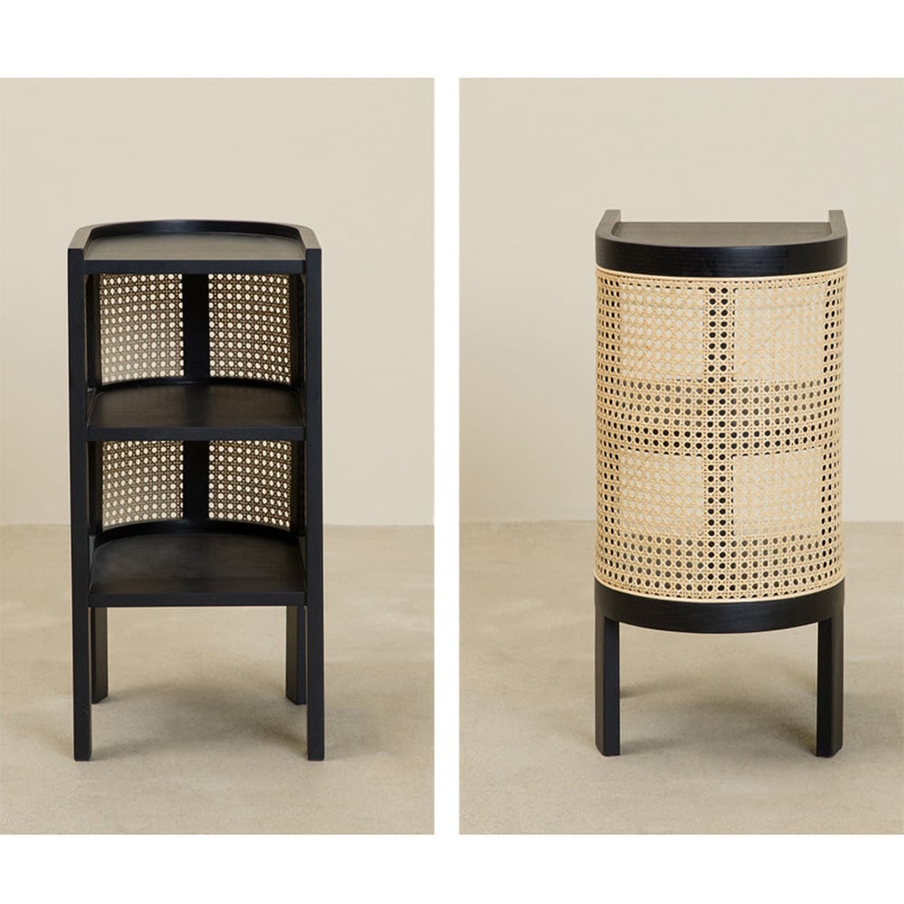 HMR Semi-Circle Nightstand with Open Shelves - Black, Wood/Rattan