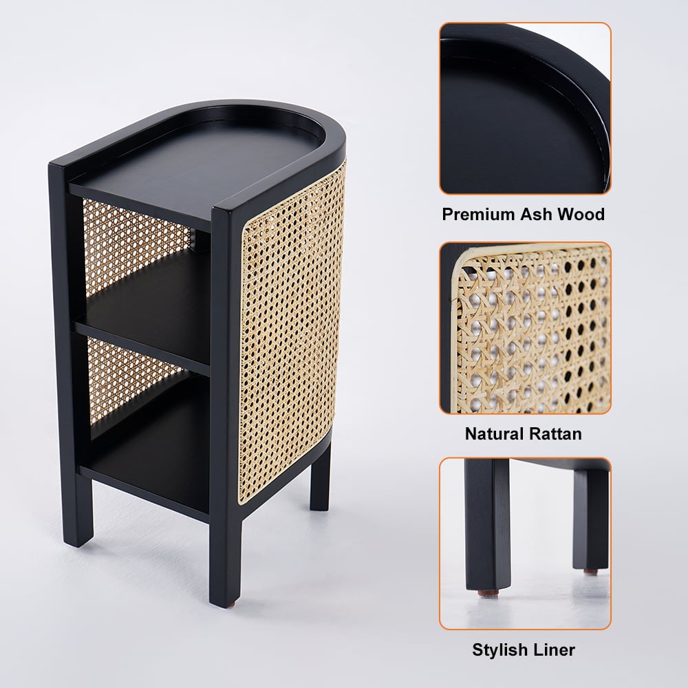 HMR Semi-Circle Nightstand with Open Shelves - Black, Wood/Rattan