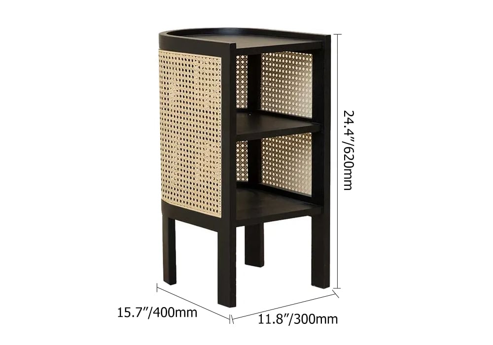 HMR Semi-Circle Nightstand with Open Shelves - Black, Wood/Rattan