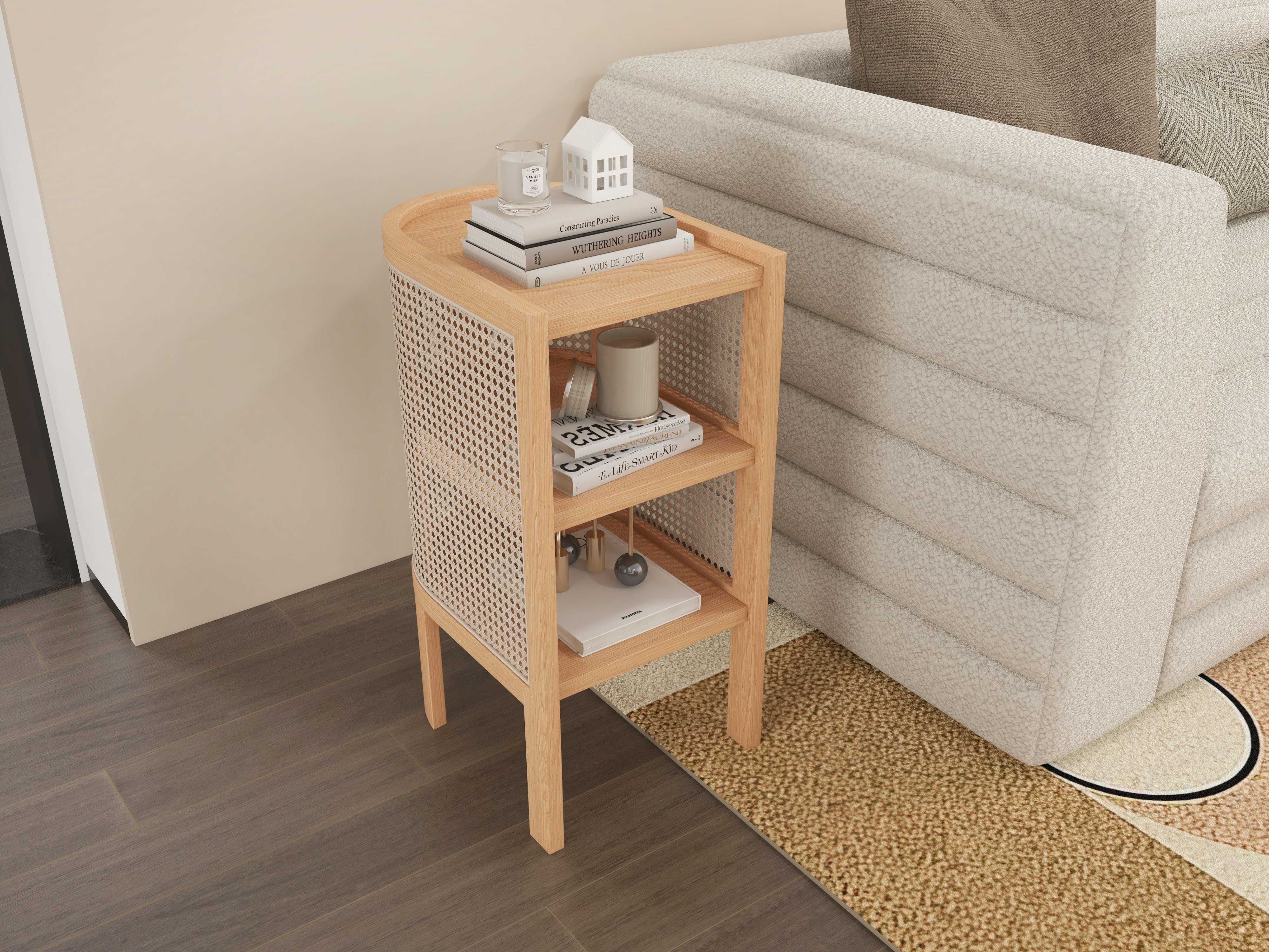 HMR Semi-Circle Nightstand with Open Shelves - Natural, Wood/Rattan