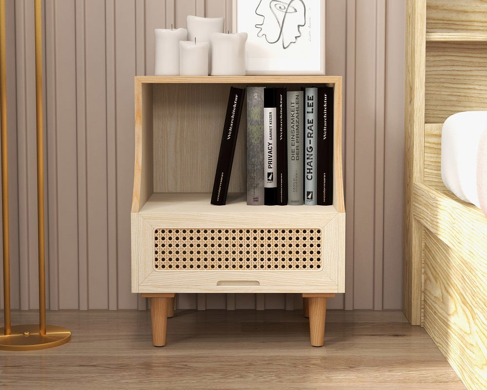 HMR - Nordic Rattan Single-Drawer Nightstand with Open Storage in Natural