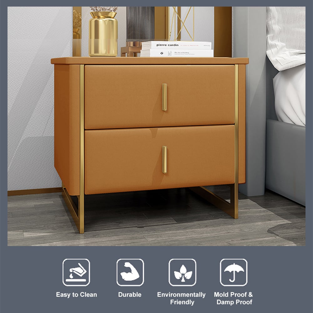 HMR Modern Nightstand with 2-Drawer - Orange/Gold, Faux Leather