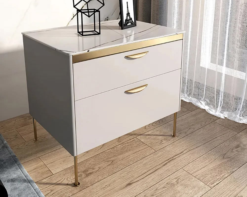 HMR - Modern 2-Drawer Lacquered Nightstand with Stone Top in White