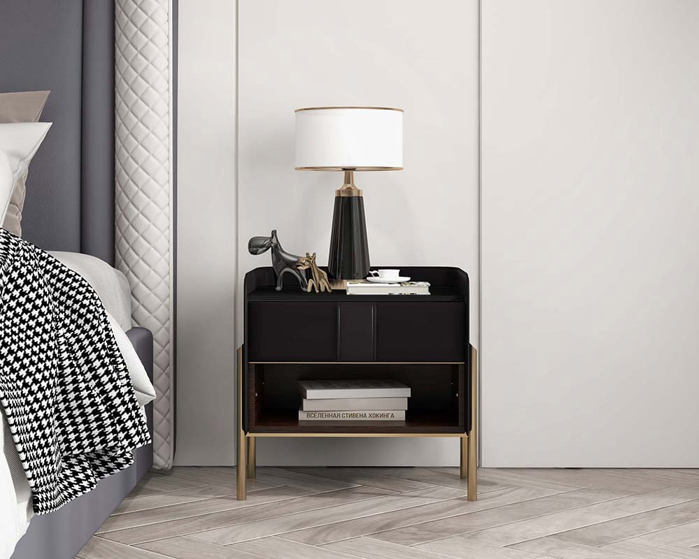 HMR Modern Nightstand with Charger & Light - Black, Sintered Stone