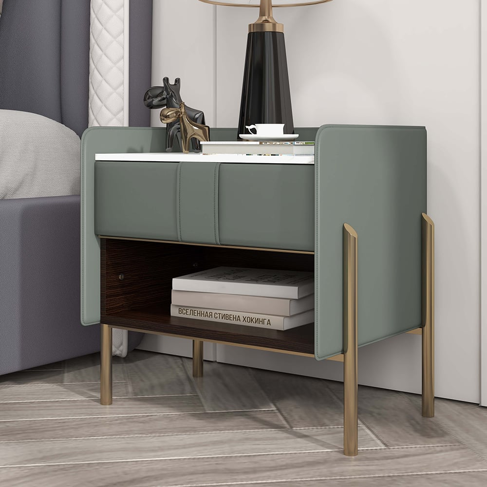 HMR Modern Nightstand with Charger & Light - Green, Sintered Stone