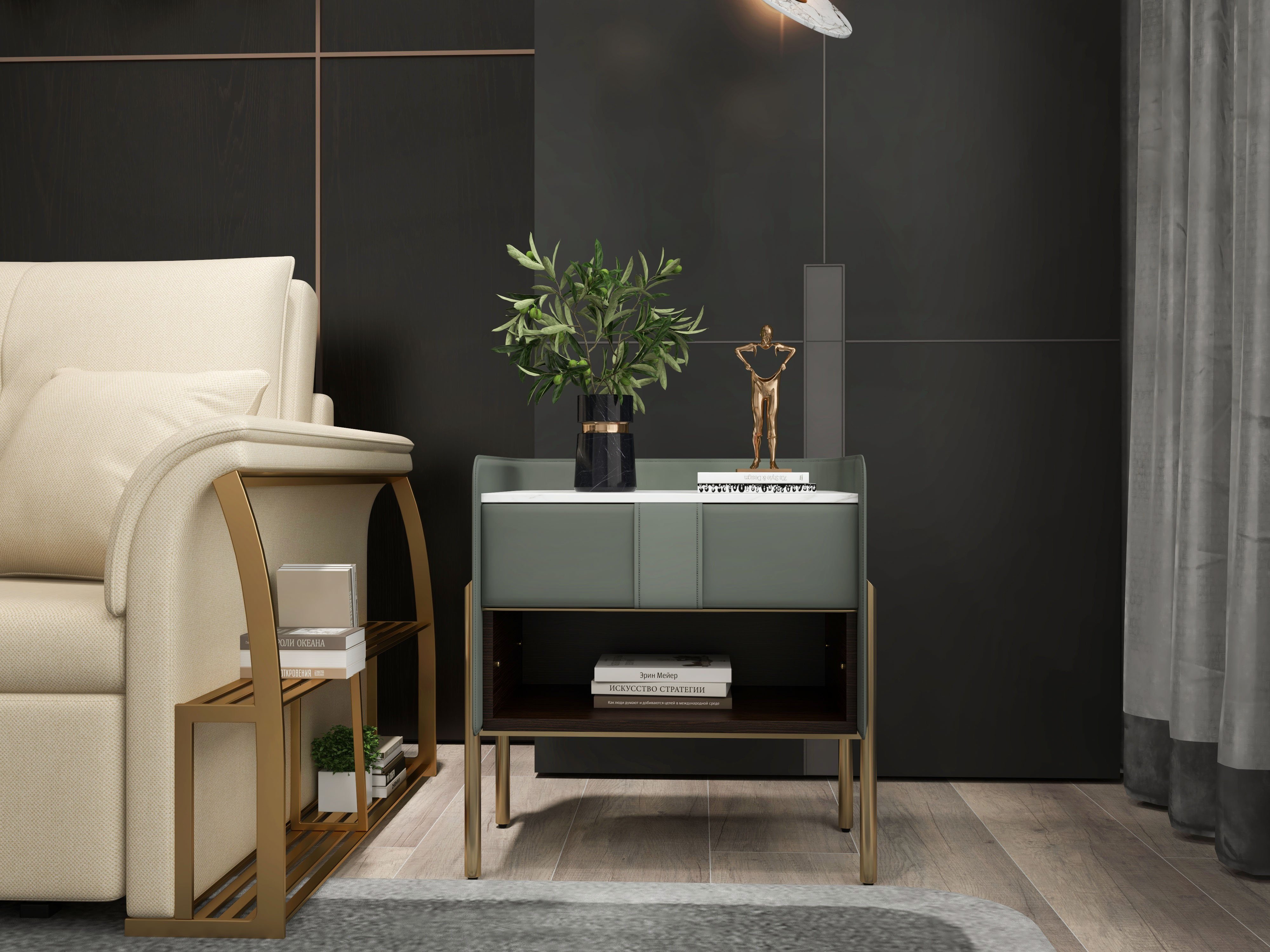 HMR Modern Nightstand with Charger & Light - Green, Sintered Stone