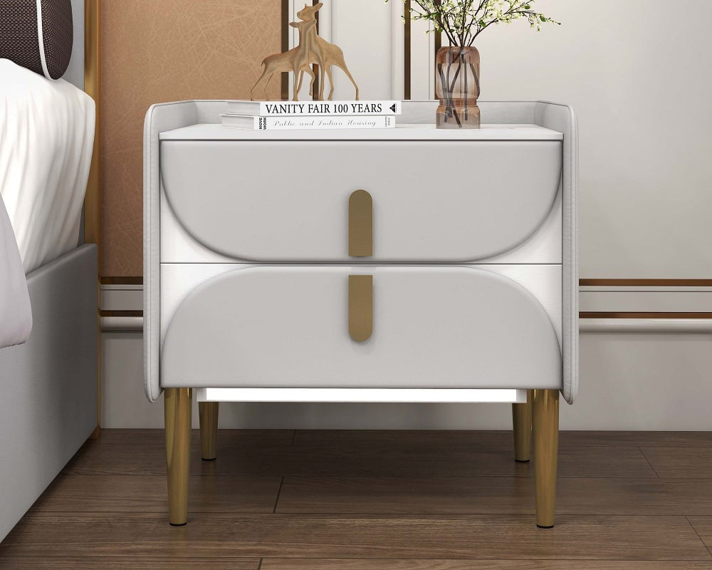 HMR - Microfiber Leather Upholstered Nightstand with Sintered Stone Top and LED Light in Gray