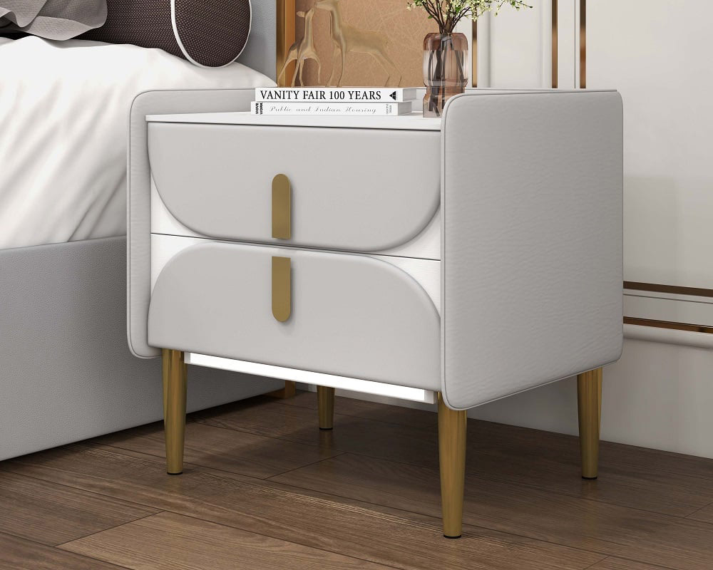 HMR - Microfiber Leather Upholstered Nightstand with Sintered Stone Top and LED Light in Gray