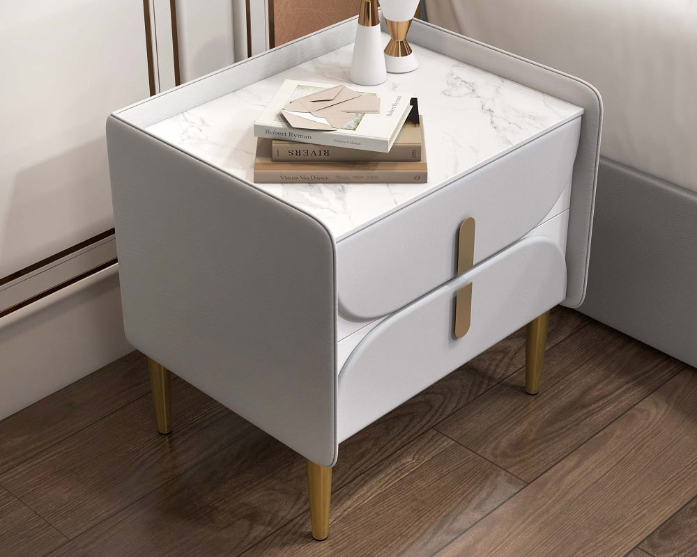 HMR - Microfiber Leather Upholstered Nightstand with Sintered Stone Top and LED Light in Gray