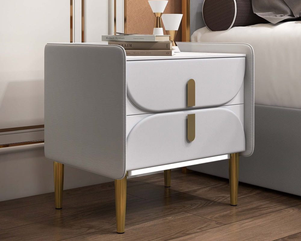 HMR - Microfiber Leather Upholstered Nightstand with Sintered Stone Top and LED Light in Gray