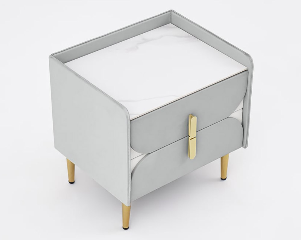 HMR - Microfiber Leather Upholstered Nightstand with Sintered Stone Top and LED Light in Gray