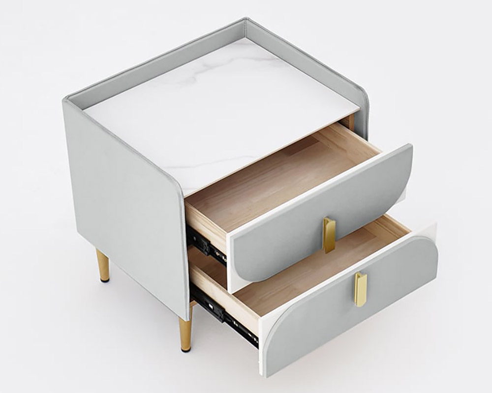 HMR - Microfiber Leather Upholstered Nightstand with Sintered Stone Top and LED Light in Gray