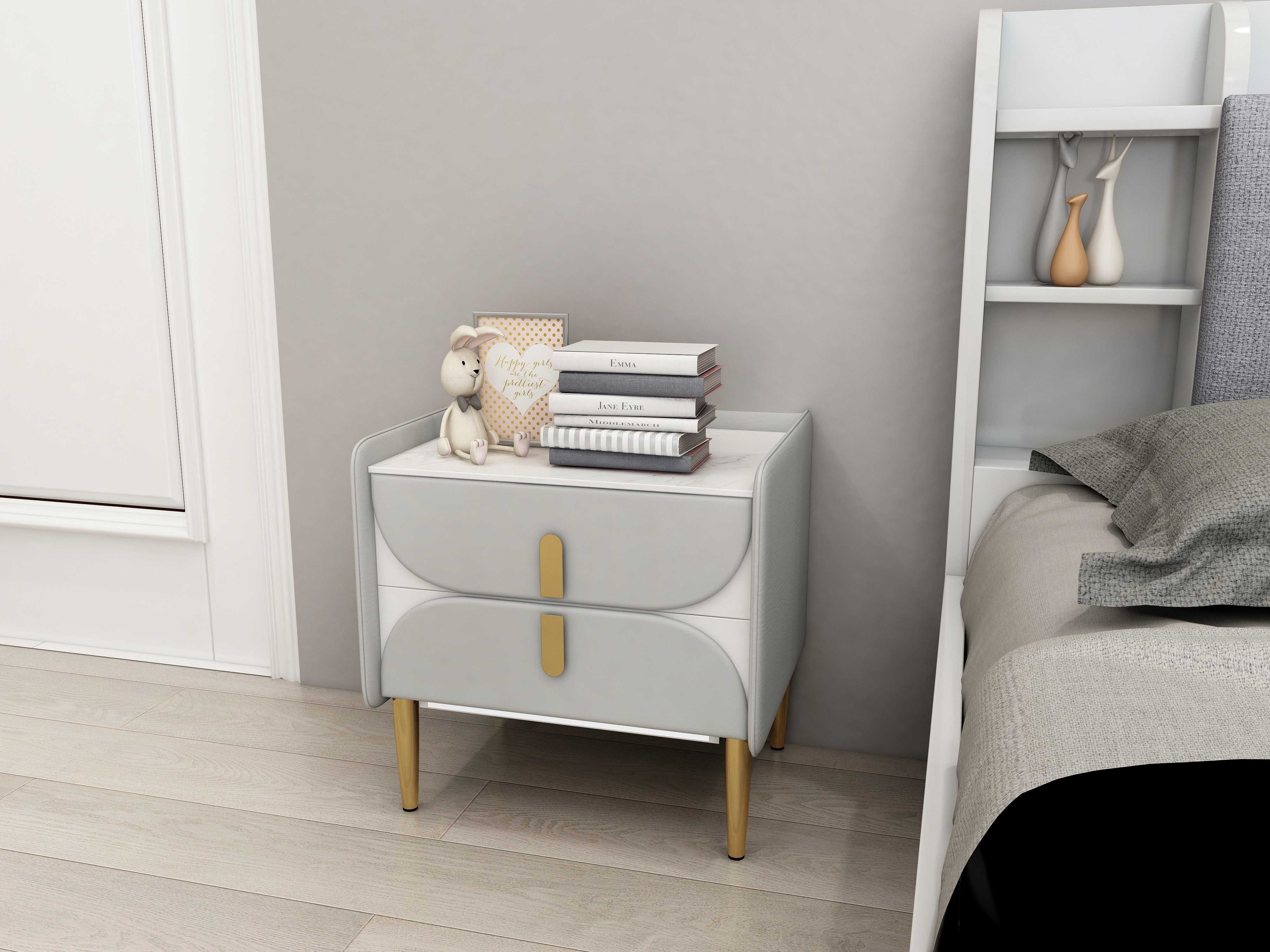 HMR - Microfiber Leather Upholstered Nightstand with Sintered Stone Top and LED Light in Gray