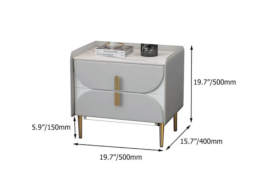 HMR - Microfiber Leather Upholstered Nightstand with Sintered Stone Top and LED Light in Gray