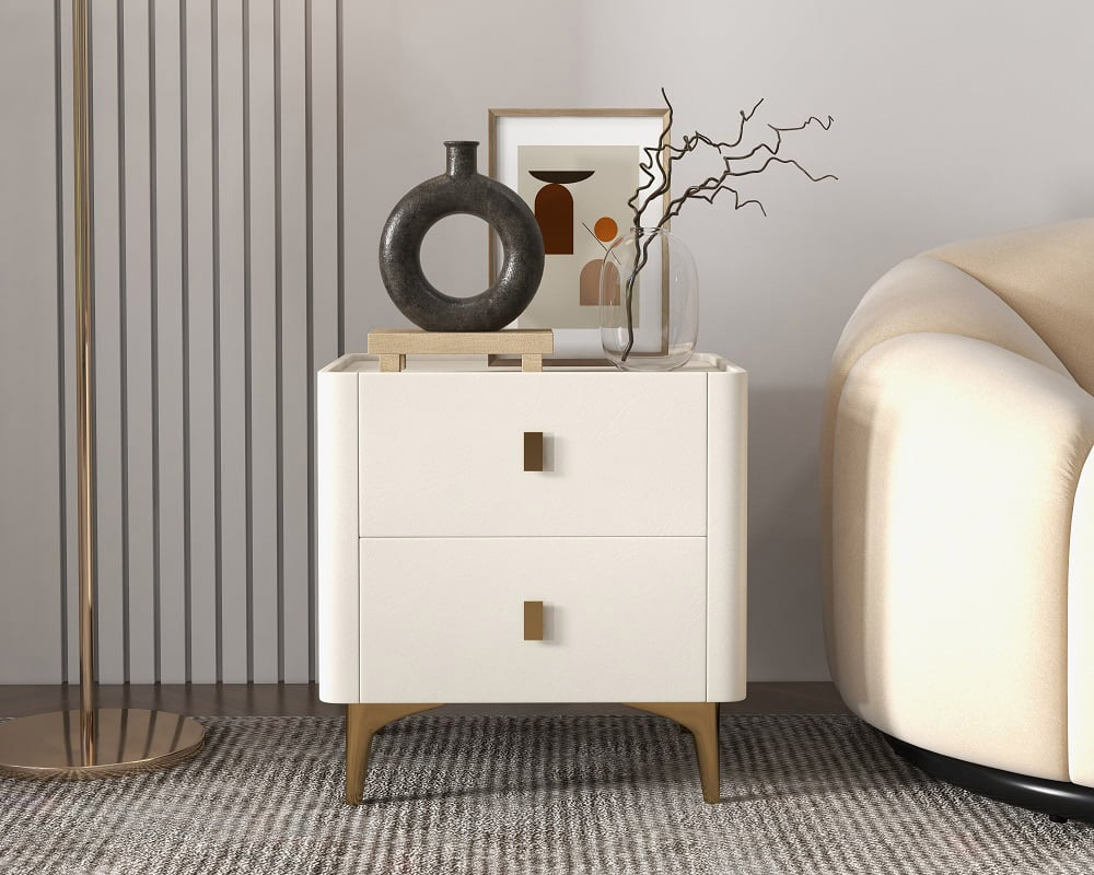 HMR - 2-Drawer Nightstand with Sintered Stone Top in Off-White
