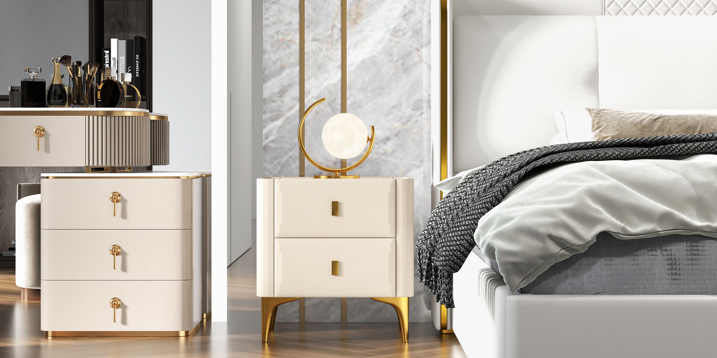 HMR - 2-Drawer Nightstand with Sintered Stone Top in Off-White
