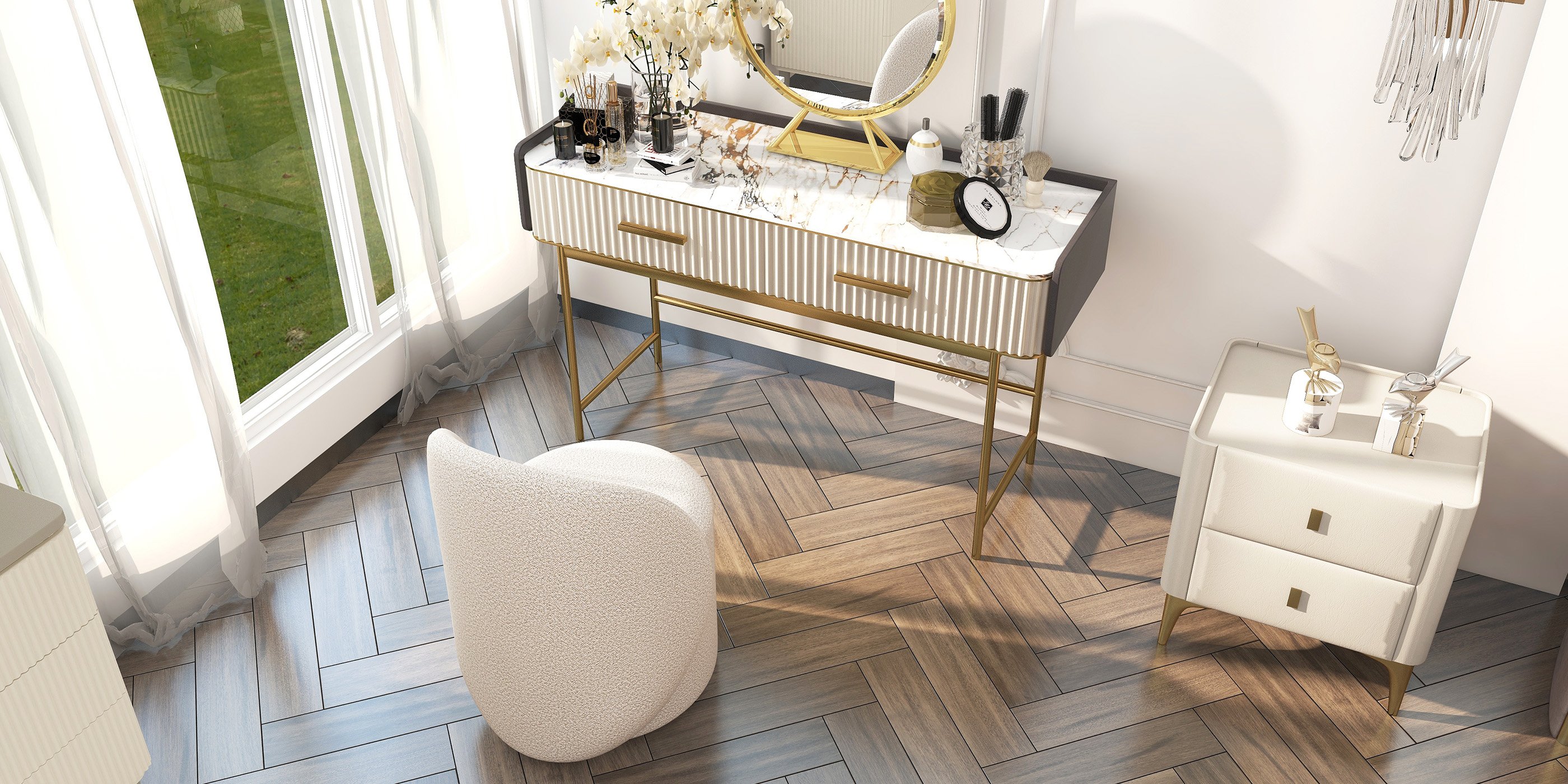 HMR - 2-Drawer Nightstand with Sintered Stone Top in Off-White