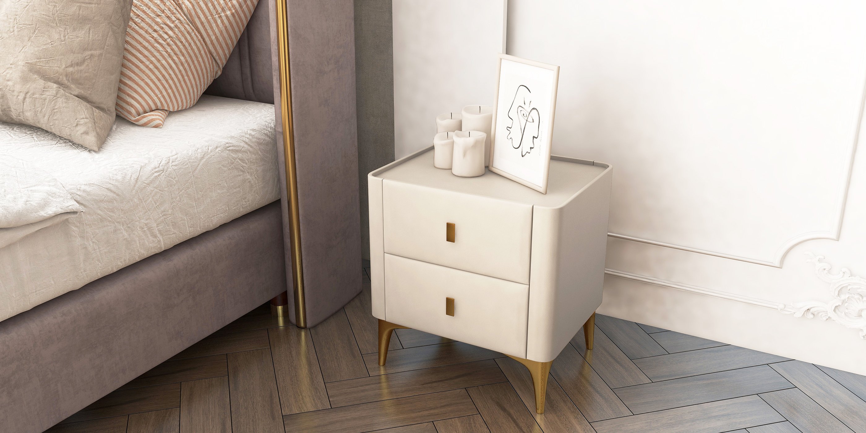 HMR - 2-Drawer Nightstand with Sintered Stone Top in Off-White