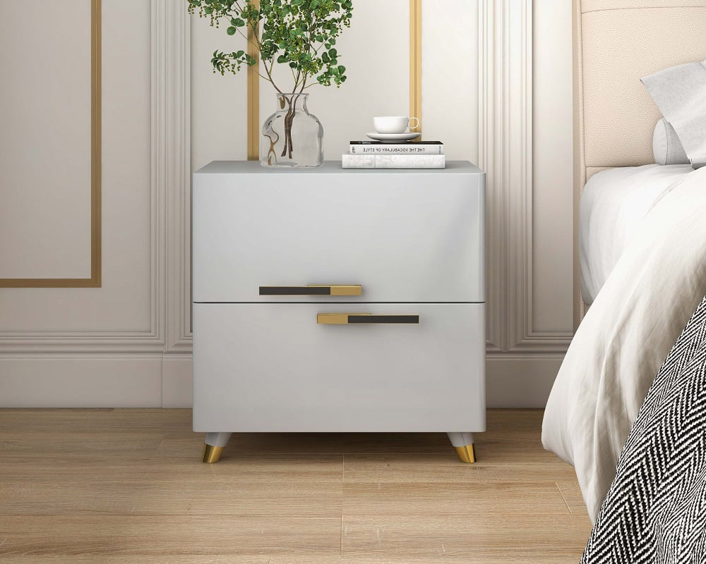 HMR - 2-Drawer Nightstand with Gold Pulls in Grayish White