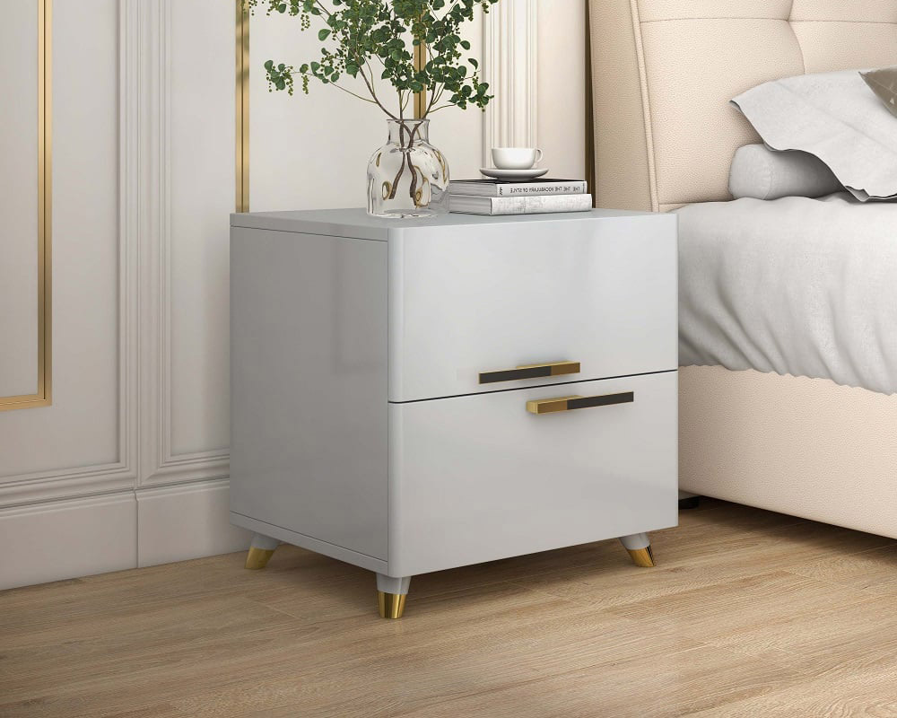 HMR - 2-Drawer Nightstand with Gold Pulls in Grayish White
