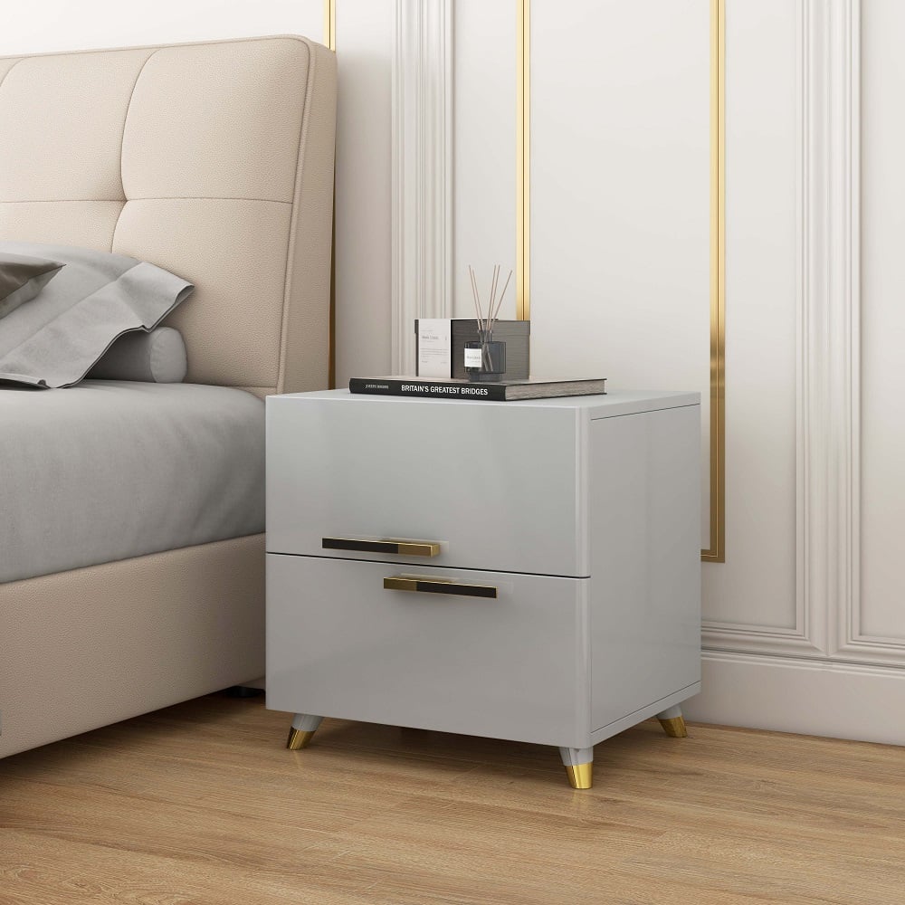 HMR - 2-Drawer Nightstand with Gold Pulls in Grayish White