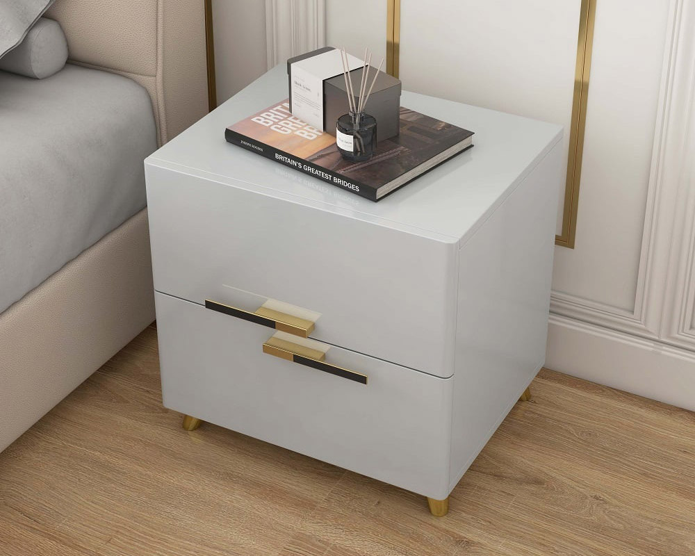 HMR - 2-Drawer Nightstand with Gold Pulls in Grayish White