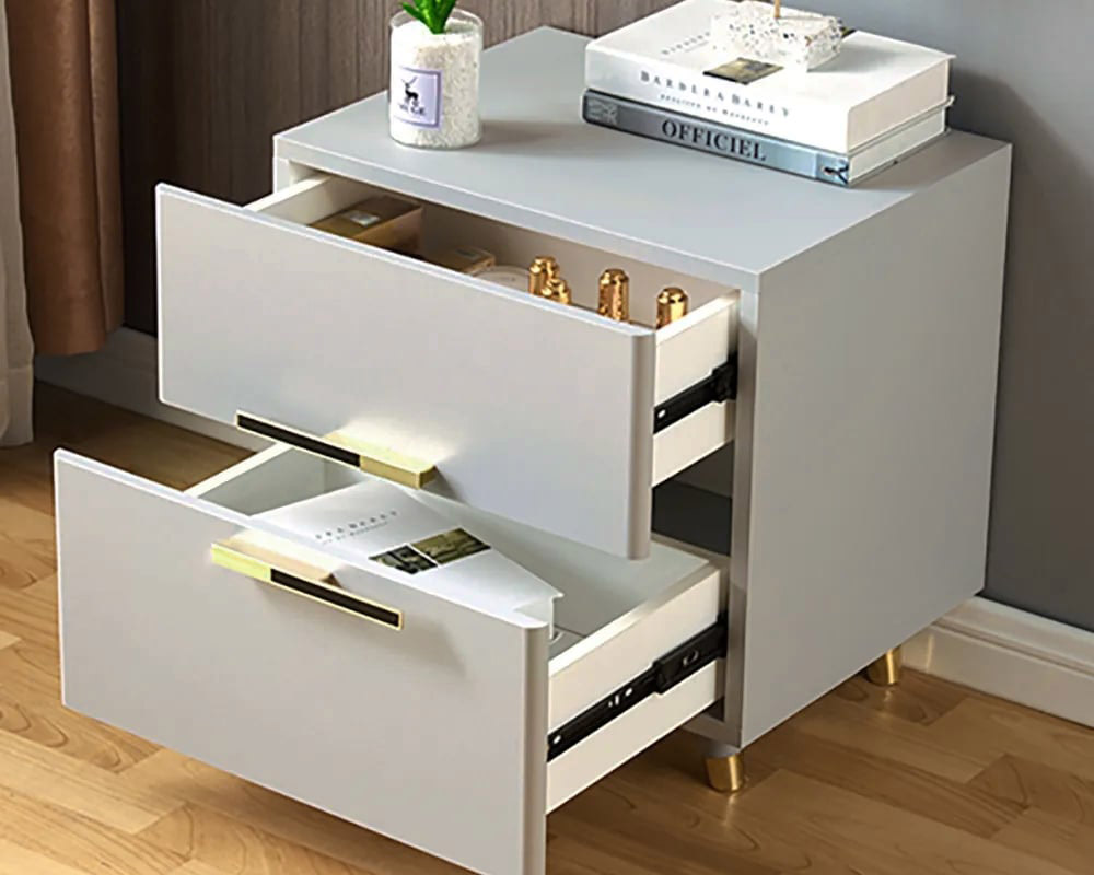 HMR - 2-Drawer Nightstand with Gold Pulls in Grayish White
