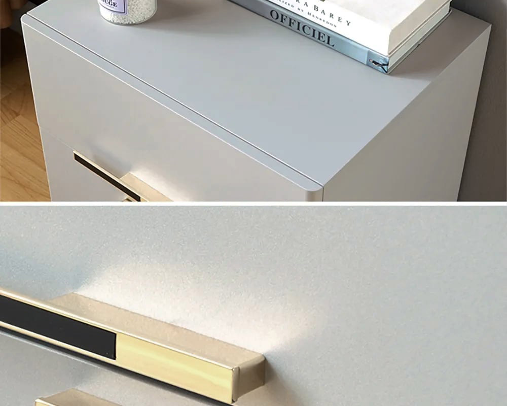 HMR - 2-Drawer Nightstand with Gold Pulls in Grayish White